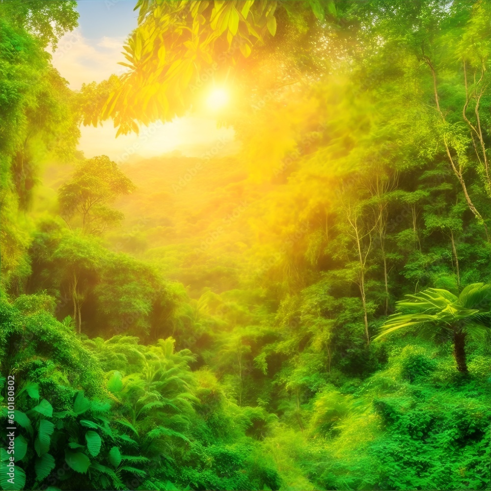 Sunrise over beautiful green leafy jungle mix background