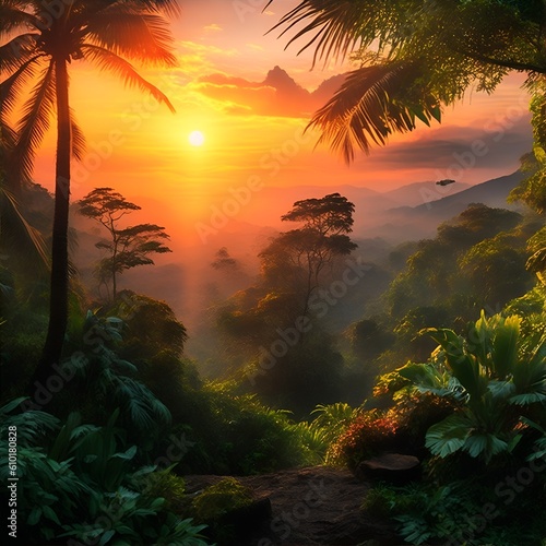 Sunrise over Beautiful jungle scene
