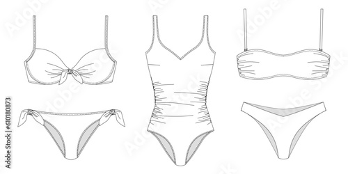 Woman sustainable swimwear, technical drawing, template, sketch, flat, mock up. Recycled PA, Recycled PES, Lycra fabric bikini front view, white color