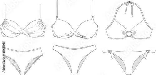 Woman sustainable swimwear, technical drawing, template, sketch, flat, mock up. Recycled PA, Recycled PES, Lycra fabric bikini front view, white color