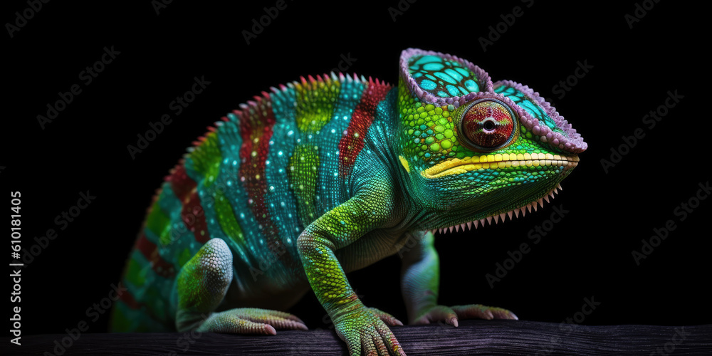 Naklejka premium Chameleon on black background. Generative AI