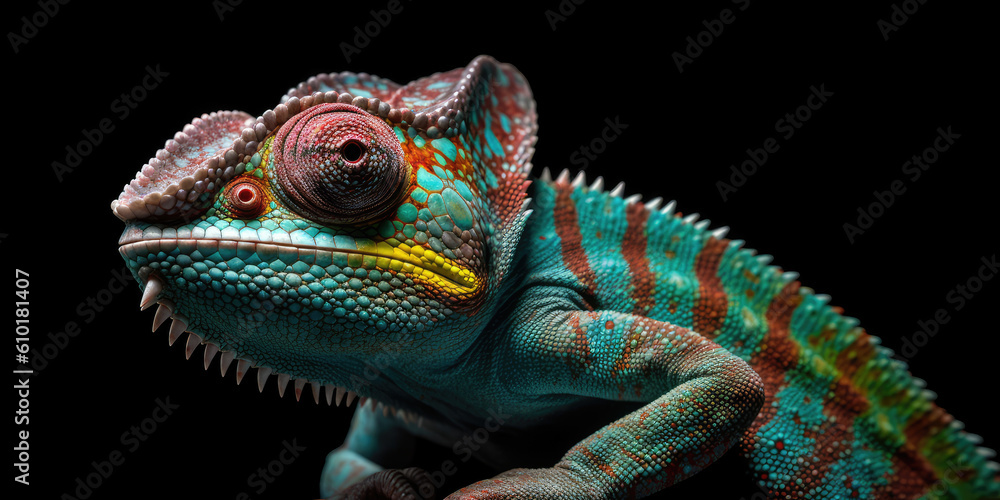 Fototapeta premium Chameleon on black background. Generative AI