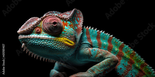 Chameleon on black background. Generative AI © Farnaces