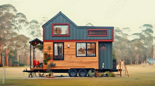 Tiny home concept, illustrating the minimalist lifestyle that advocates for living more with less. The idea of compact living spaces designed for functionality and simplicity. Generative AI