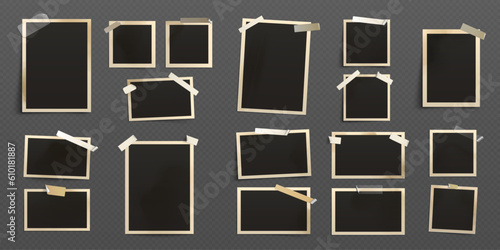 Realistic collage of vintage photos attached to album page with sticky tape. Vector illustration of square and rectangular blank paper photographs in white frames isolated on transparent background
