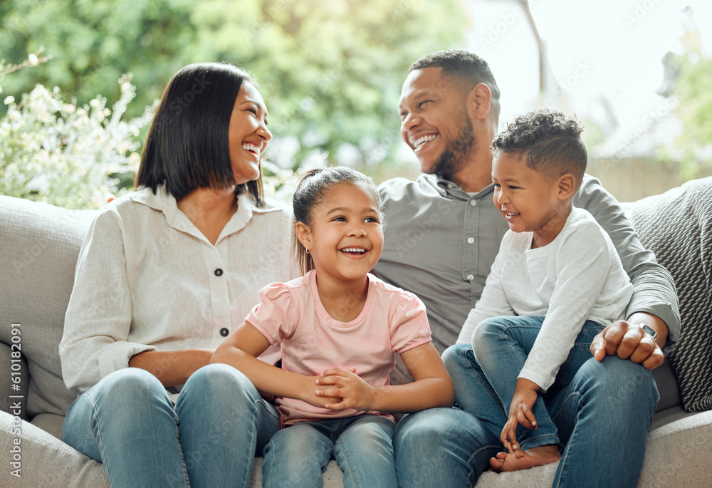 Family, parents laughing with children and relax on couch with happiness and love while at home. Bonding, care and humor with relationship, people together in living room with mom, dad and kids Family, parents laughing with children and relax on couch with happiness and love while at home. Bonding, care and humor with relationship, people together in living room with mom, dad and kids