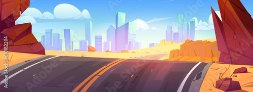 Empty desert road to city building futuristic vector background. Urban cityscape view and asphalt highway on hill, usa skyscraper downtown. Modern speed way for car traffic sand canyon panorama