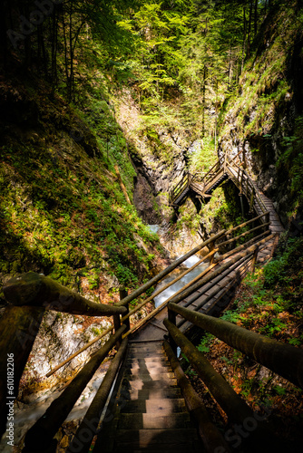 View of wooden walkways through the Dr. Vogelgesang-Klamm in Spital am Pyhrn  Austria  a narrow gorge with whitewater creek tumbling down the rocks