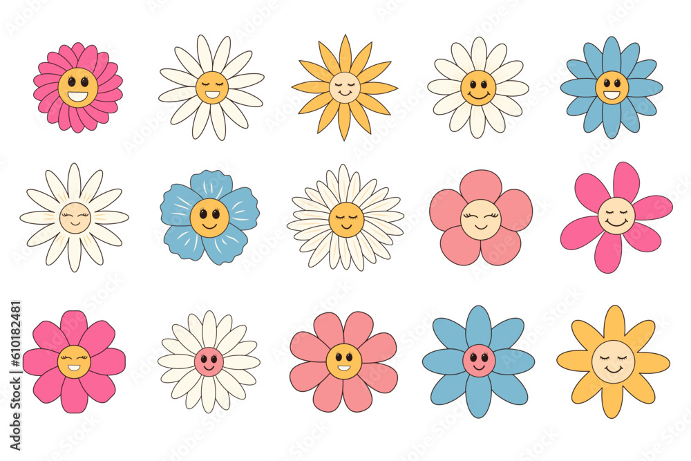 Groovy cartoon flowers set. Cute retro hippie daisy characters. 