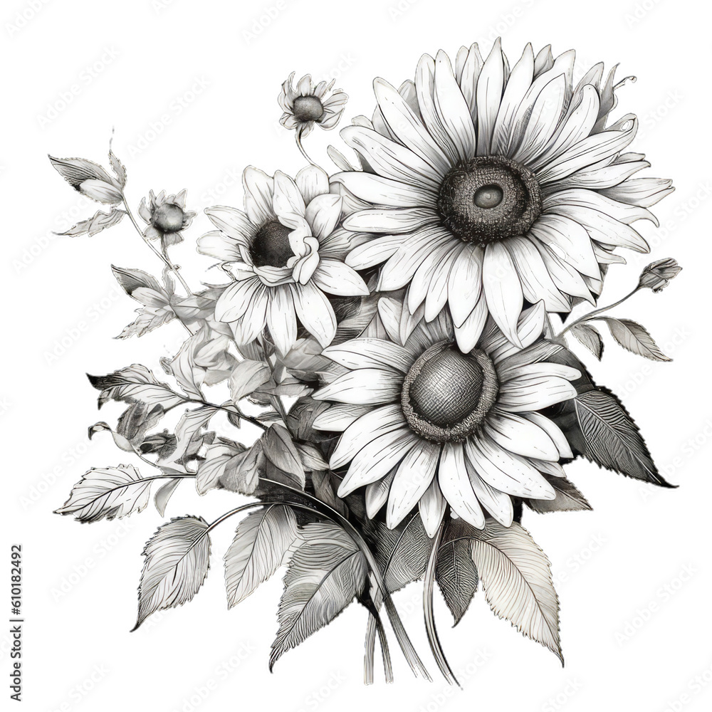 Sun Flower Drawing Aesthetic, Sun Flower Beauty Vector Line art, Daisy Gerbera vintage illustration, Floral Line Art Hand Drawn Collection, Sketch Outline with Black and White