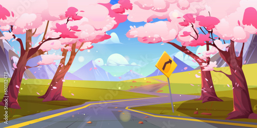 Spring sakura road way vector mountain landscape illustration. Cherry blossom park with turn sign scenery. Japan park on hills with pink flower for weekend adventure trip. Malaysia march panorama