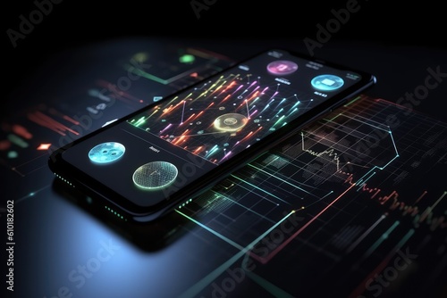 Cell phone of the future transparent invisible, mobile, Siri Alice hologram artificial intelligence, smartphone Ai, Metaverse and Blockchain Technology, innovative future data network. Generative AI