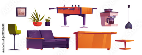 Cartoon set of bachelor apartment furniture isolated on white background. Vector illustration of football table, coffee machine, couch, chair, lamp and picture frame. Office relax area constructor