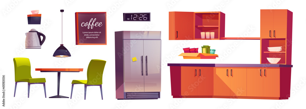 Cartoon set of office kitchen furniture isolated on white background. Vector illustration of fridge, cupboards with snacks, table, chairs, electric kettle, lamp and blackboard for dining room design Cartoon set of office kitchen furniture isolated on white background. Vector illustration of fridge, cupboards with snacks, table, chairs, electric kettle, lamp and blackboard for dining room design