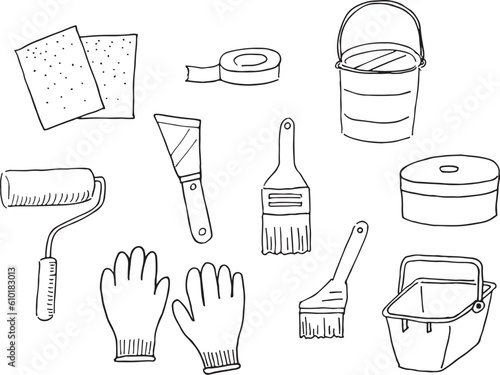 外壁塗装用道具のイラスト（手書き・モノクロ、白黒、線画）