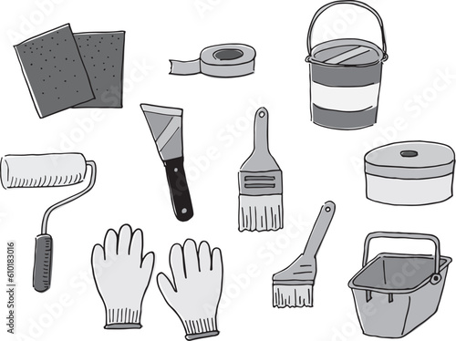 外壁塗装用道具のイラスト（手書き・グレー）