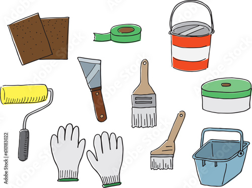 外壁塗装用道具のイラスト（手書き・カラー）