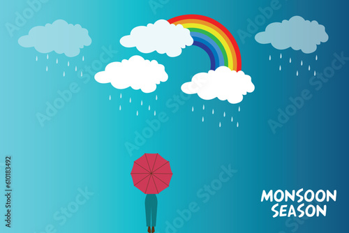 Monsoon season background with woman holding an umbrella in the rain on a rainy day.