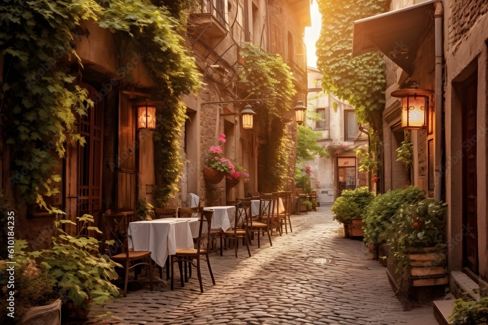 Charming European Alley: A picturesque scene of a charming cobblestone alley in a European town, capturing the essence of old-world charm, ideal for travel posters and guidebooks.