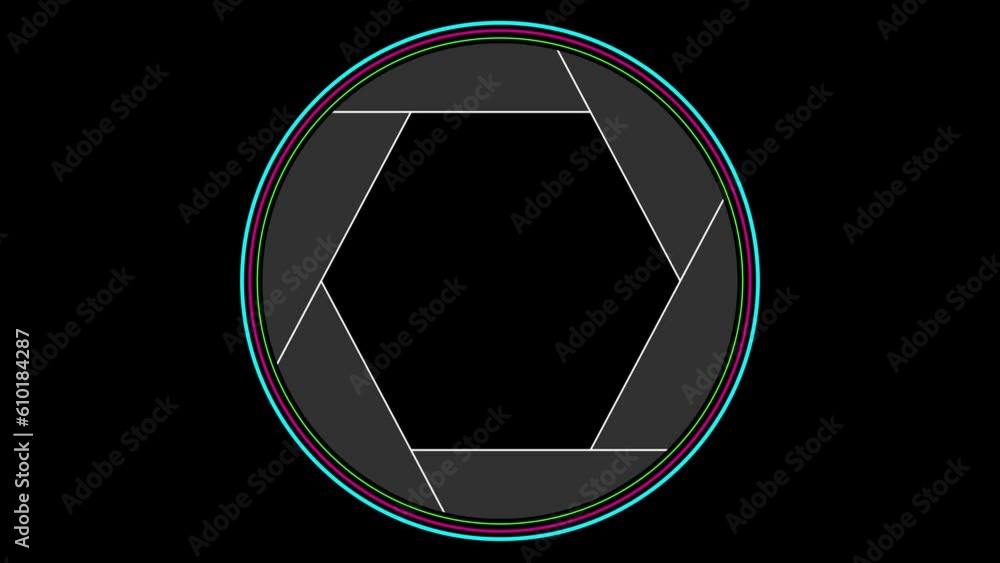 Lens Aperture and Camera Shooting Animation or simulation on black background. Camera Diaphragm