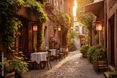 Charming European Alley: A picturesque scene of a charming cobblestone alley in a European town, capturing the essence of old-world charm, ideal for travel posters and guidebooks. © Tachfine Art