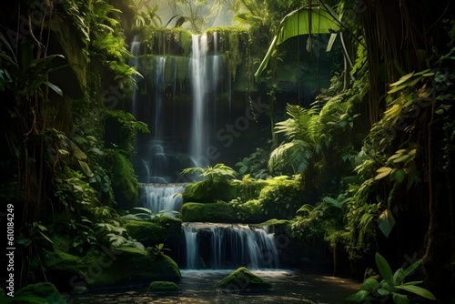 Dreamy Waterfall  A dream-like photograph of a cascading waterfall surrounded by lush greenery  invoking a sense of tranquility and suitable for nature-themed decor and wall art.