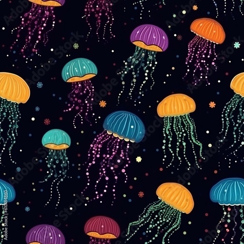 seamless pattern with jellyfish colorful dream like in the dark background