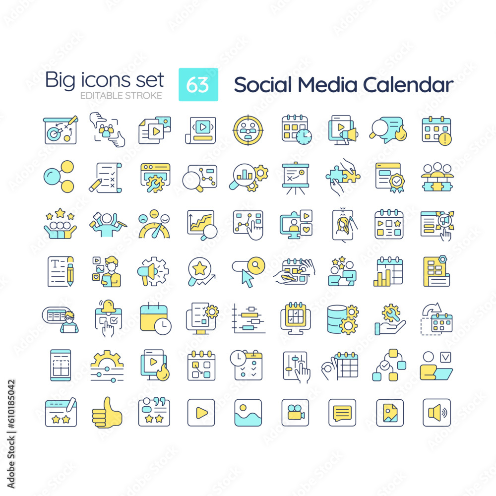 Social media calendar RGB color icons set. Marketing strategy. Schedule planner. Content plan. Publish online. Isolated vector illustrations. Simple filled line drawings collection. Editable stroke