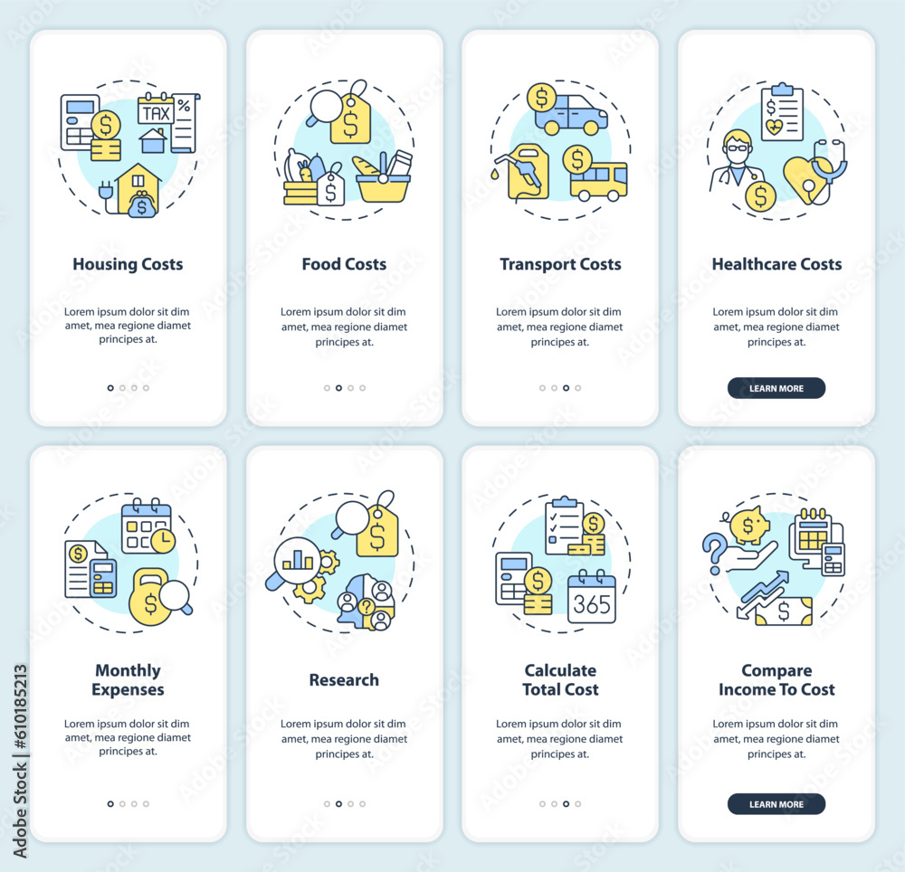 Costs of living onboarding mobile app screen set. Money expense walkthrough 4 steps editable graphic instructions with linear concepts. UI, UX, GUI template. Myriad Pro-Bold, Regular fonts used