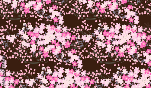 桜色の桜と流水と燕脂背景のシームレスパターン 