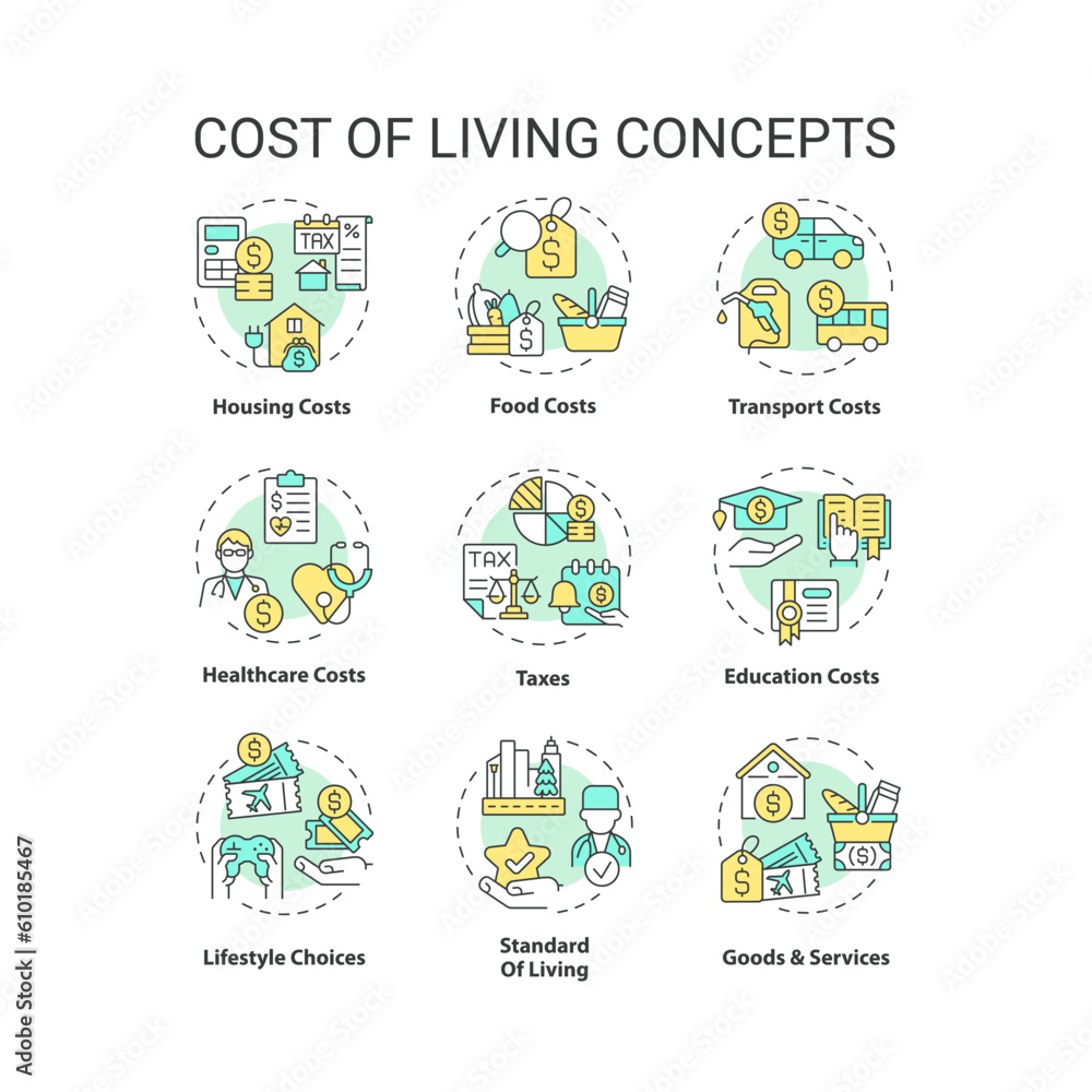Cost of living concept icons set. Money expense. Basic need. Financial sustainability. Social issue. Personal economy. Well being idea thin line color illustrations. Isolated symbols. Editable stroke