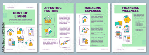 Cost of living green brochure template. Household budget. Well being. Leaflet design with linear icons. Editable 4 vector layouts for presentation, annual reports. Arial, Myriad Pro fonts used