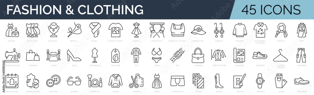 Set of 45 line icons related to fashion, sewing, clothing. Outline icon collection. Editable stroke. Vector illustration. - obrazy, fototapety, plakaty 