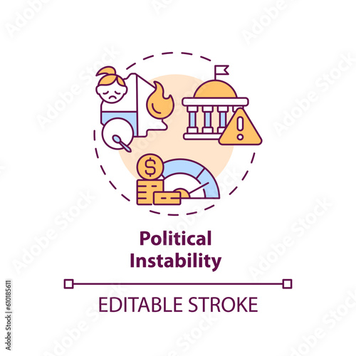Political instability concept icon. County government. Economic crisis. Global change. Conflict zone. Social unrest abstract idea thin line illustration. Isolated outline drawing. Editable stroke