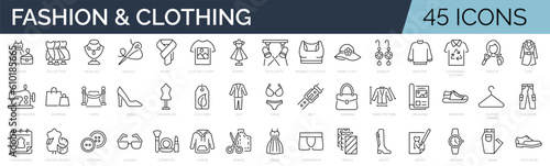 Set of 45 line icons related to fashion, sewing, clothing. Outline icon collection. Editable stroke. Vector illustration.