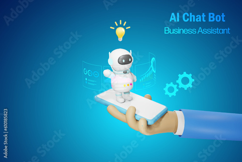 AI chat bot analyzing business graph report on businessman hand's smart phone. Artificial Intelligence robot technology acts as business assistant in decision making and problem solving. 3D vector.