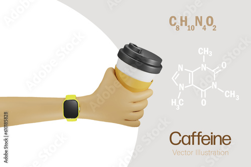 Hand hold coffee cup with caffeine skeletal formula molecular structure. Coffee research, foods science and breakfast beverage for office people.