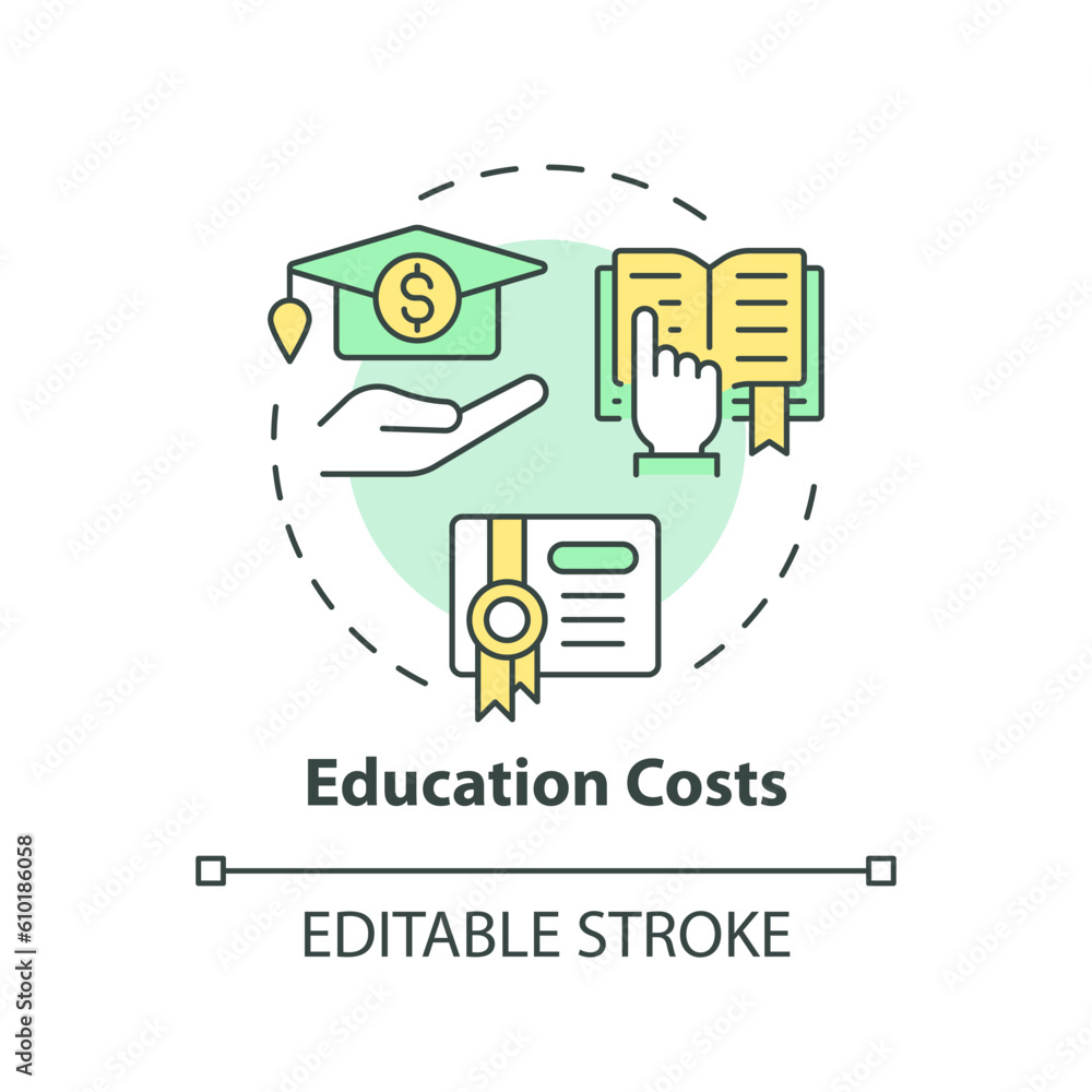 Education costs concept icon. Student loan. Financial aid. Personal finance. Cost of living. Tuition fee abstract idea thin line illustration. Isolated outline drawing. Editable stroke