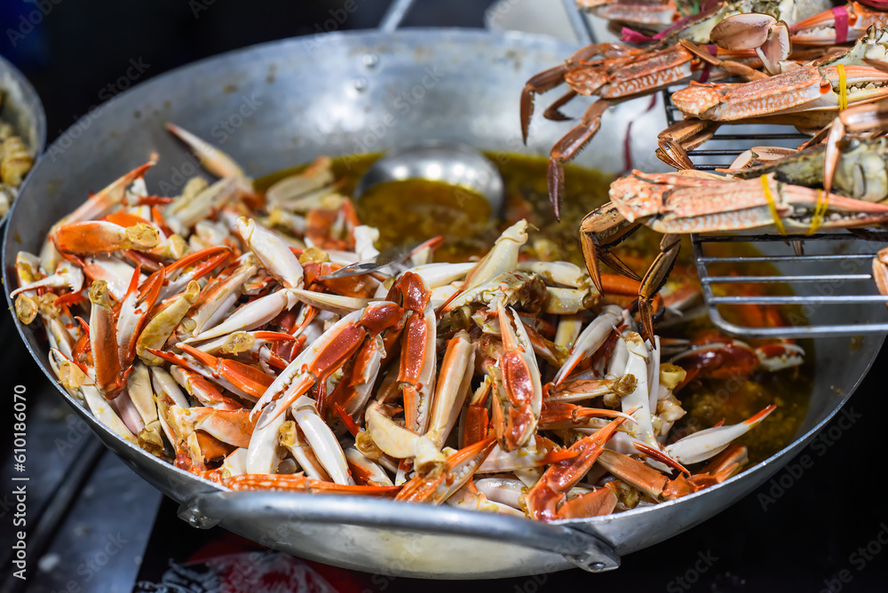 Many seafood crabs in vietnamese night market in food festival Many seafood crabs in vietnamese night market in food festival