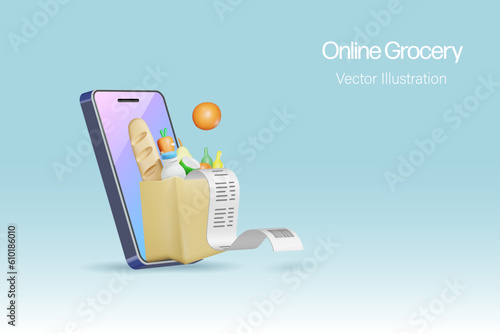 Online grocery shopping. Grocery bag delivery direct to home on smart phone. E-commerce internet mobile application. 3D vector.