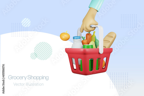 Grocery shopping. Hand holding shipping basket full of grocery food and drink products. Supermarket sh. 3D vector.