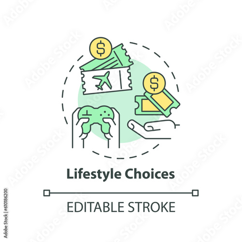 Lifestyle choices concept icon. Leisure activity. Travel cost. Spending money. Standard of living. Personal budget abstract idea thin line illustration. Isolated outline drawing. Editable stroke