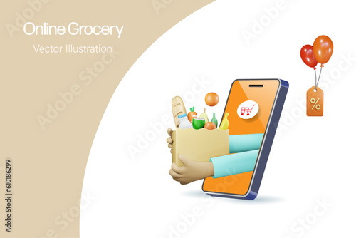 Online grocery service.  Hand holding shopping grocery bag delivery direct to home. E-commerce internet mobile application. 3D vector.