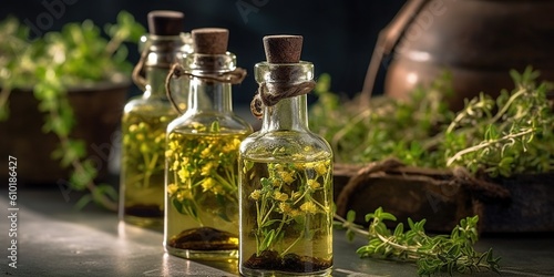 Thymus serpyllum infusion oil in bottle, fresh thyme plants on gray table