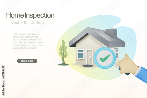 Home inspection and investment. Businessman hand holding magnifying glass detect good quality on house.  3D Vector.