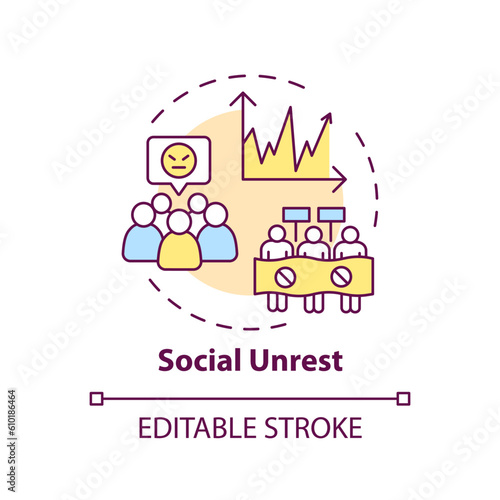 Social unrest concept icon. Economic inequality. Civil disobedience. Political corruption. Global crisis. Wealth gap abstract idea thin line illustration. Isolated outline drawing. Editable stroke