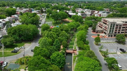 Carroll Creek Linear Park and town public pool. Aerial view on summer day in Frederick Maryland. Frederick MD. photo