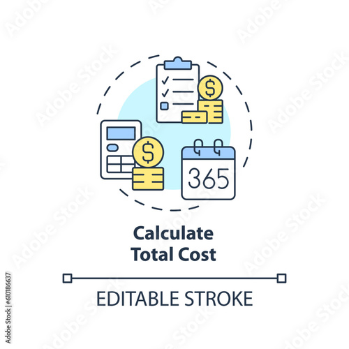 Calculate total cost concept icon. Financial planning. Saving money. Finance analysis. Budget management abstract idea thin line illustration. Isolated outline drawing. Editable stroke