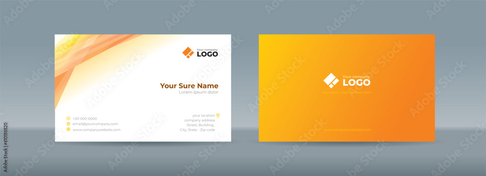 Double sided business card templates with illustrations of randomly stacked transparent orange-yellow triangles on a orange-white background