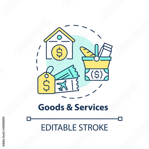 Goods and services concept icon. Basic need. Standard of living. Family finance. Price index. Household budget abstract idea thin line illustration. Isolated outline drawing. Editable stroke